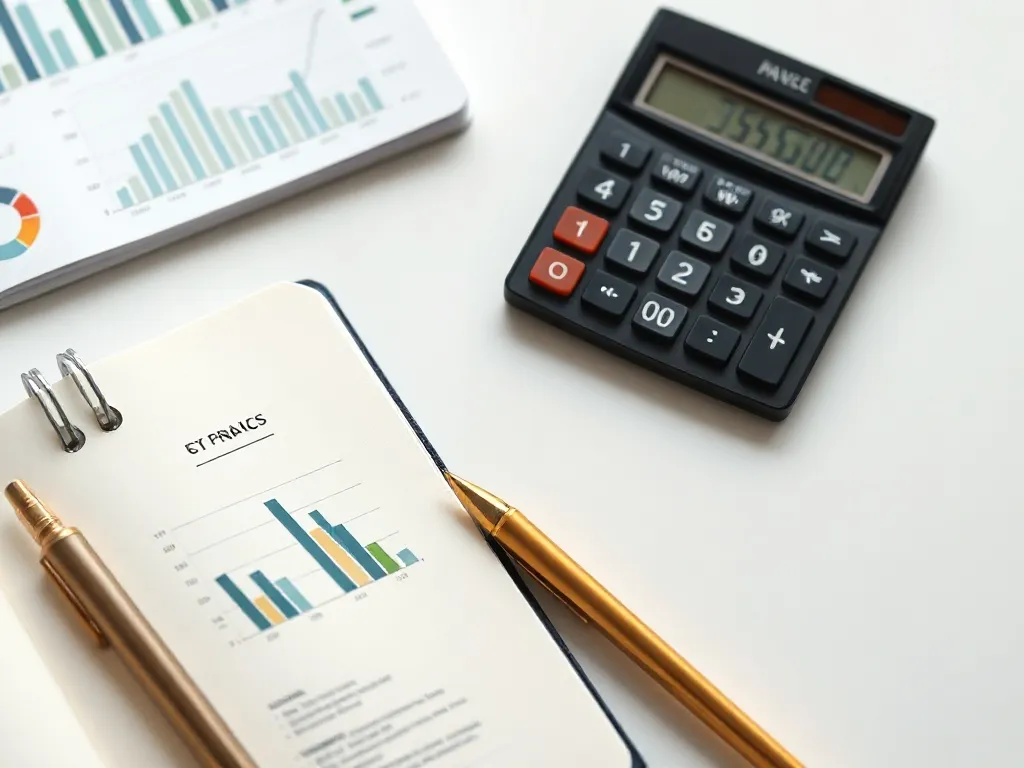 A close up of a clean desk with a calculator, a notebook wit