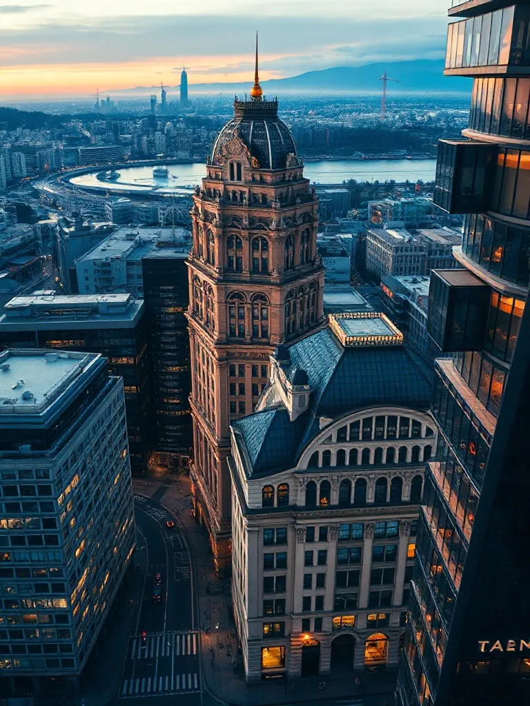 A high-angle view of a modern financial district with archit