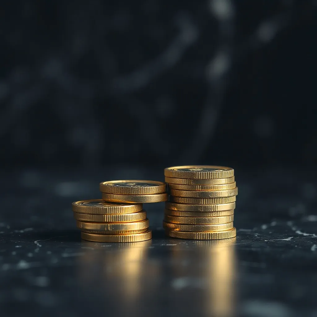 A stack of gold coins neatly arranged on a dark marble surfa